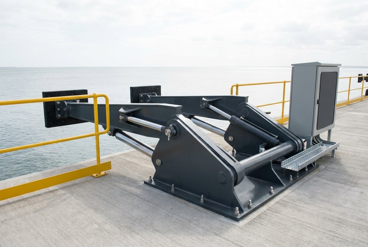 Illustrative of the class — a shore-side vacuum mooring machine on a concrete quay edge: a heavy dark-grey painted steel unit on a broad base plate bolted to the quay, carrying two long articulated arms reaching out horizontally over the water, each ending in a large flat rectangular pad head faced with thick black rubber, bright chrome hydraulic cylinder rods angled between frame and arms, a safety-yellow guard rail along the quay edge, a compact grey control cabinet with a blank dark door and galvanised cable tray, and flat empty open water beyond under an overcast sky, no vessel, no people and no readable markings