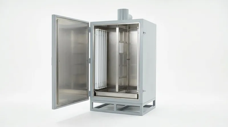A single freestanding industrial accelerated weathering test chamber on a plain white studio background: a tall pale grey painted steel cabinet on a welded steel base frame with its large front door standing open, showing a bright brushed stainless steel interior with a bank of plain straight tube lamps beside a flat vertical rack of plain unmarked test panels and a shallow stainless steel water pan along the bottom, and a short plain grey steel vent duct on top, and no people