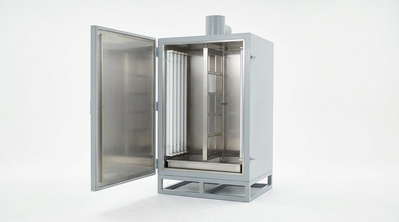 A single freestanding industrial accelerated weathering test chamber on a plain white studio background: a tall pale grey painted steel cabinet on a welded steel base frame with its large front door standing open, showing a bright brushed stainless steel interior with a bank of plain straight tube lamps beside a flat vertical rack of plain unmarked test panels and a shallow stainless steel water pan along the bottom, and a short plain grey steel vent duct on top, and no people