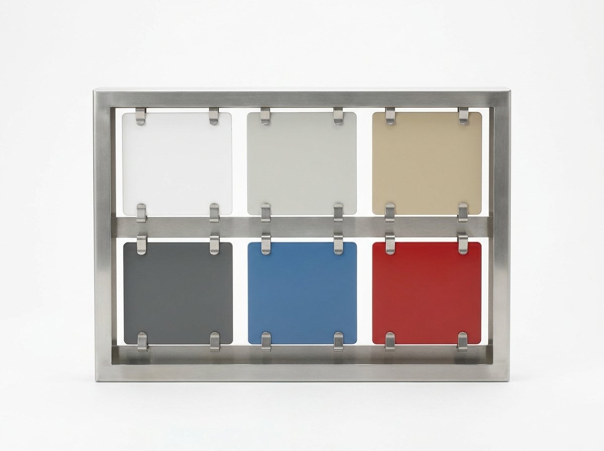 A single stainless steel specimen rack on a plain white studio background holding two rows of three flat rectangular test panels in plain unmarked colours, white, pale grey, sand, dark grey, blue and red, each held at its corners by small steel spring clips with an even gap between the panels, and no people