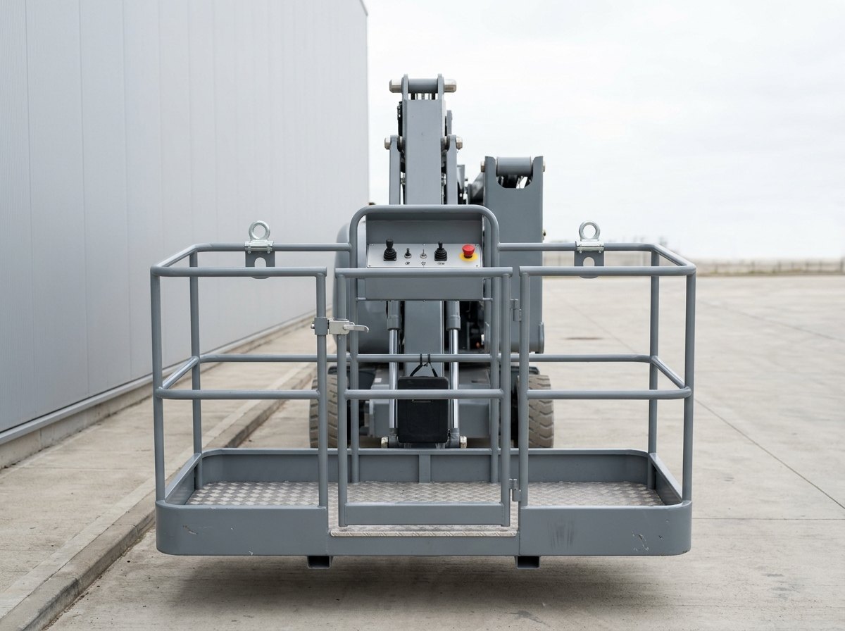 Illustrative of the class — the work basket of an aerial work platform, completely empty: a rectangular basket with mid-grey steel top and mid rails and kick plates, an inward-swinging gate with a plain latch, a chequer-plate floor, two bright steel harness anchor eyes bolted to the frame, and a small blank control console on the rail with unmarked joysticks and a plain red mushroom stop button, the grey boom tip and its bright pivot pins behind, no people, nothing running and no readable markings