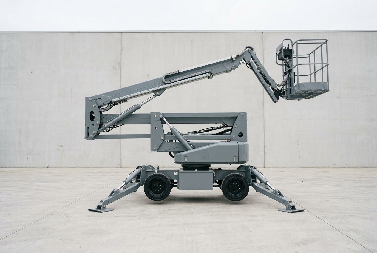 Illustrative of the class — a self-propelled articulated boom lift parked on empty clean concrete hardstanding: a compact mid-grey steel chassis on solid tyres with a slewing turret, the articulated boom raised part-way in a shallow Z with bright chromed cylinder rods at each knuckle, a small rectangular completely empty work basket with grey rails and a blank control console at the boom tip, and outrigger legs pinned down onto steel pads at the chassis corners, no people, nothing running and no readable markings