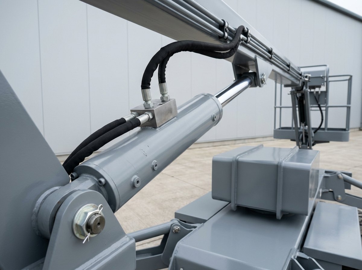 Illustrative of the class — the main lift cylinder of a boom lift: a large hydraulic cylinder in mid-grey paint with a bright chromed rod, a compact machined steel holding-valve block bolted directly onto the cylinder body, two hydraulic hoses in black fabric sleeves entering through plain unmarked fittings, neatly clamped hose runs continuing along the boom and the greased boom pivot pin beyond, no people, nothing running and no readable markings