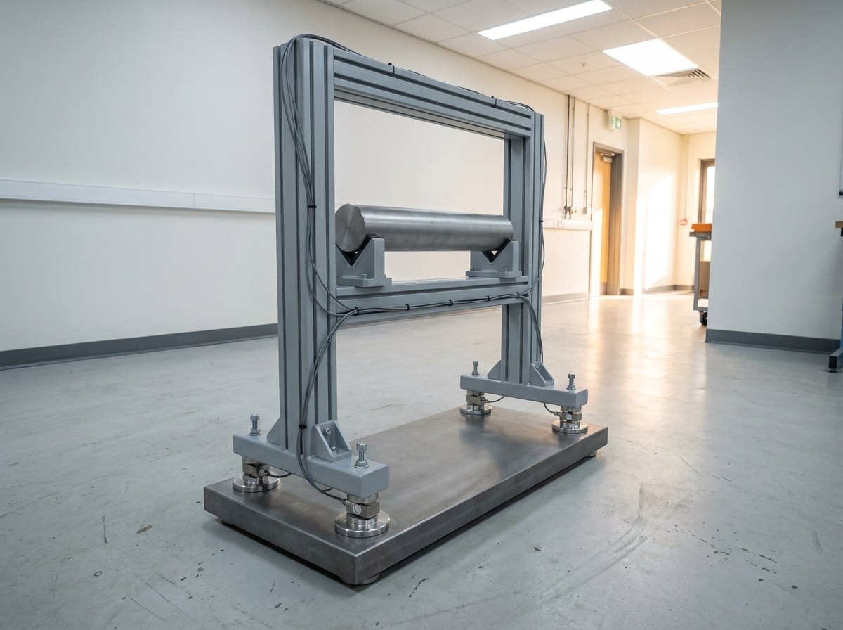 Illustrative of the class — a component centre-of-gravity measurement fixture in a clean metrology room: a rigid fresh-grey steel cradle frame standing on four bright machined load-cell feet on a heavy flat base plate, a plain smooth metal cylinder resting horizontally in the cradle's vee supports as a test article, fine cables laced along the frame's extrusions, workshop benches soft-focus in the corridor beyond, no people and no readable markings