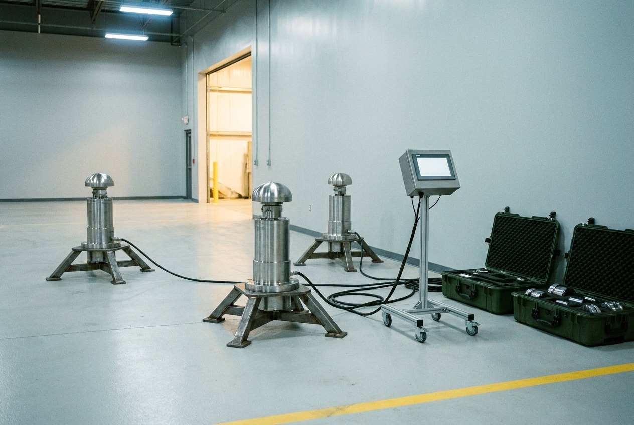 Illustrative of the class — an aircraft weighing kit deployed in a clean hangar-style bay with no aircraft present: three bright machined load-cell columns with domed seats on low steel tripod bases arranged in a wide triangle, heavy black cables running to a small indicator console on a wheeled stand with its screen angled away, two rugged transit cases open nearby with foam cutouts holding spare cells and adapters, clean light floor with a yellow line, no people and no readable markings
