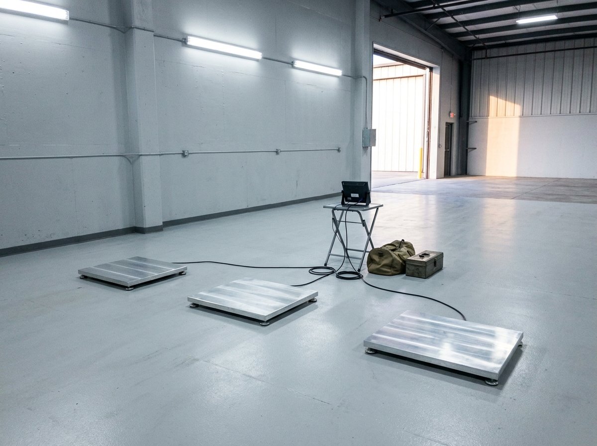 Illustrative of the class — a wheel-platform weighing kit laid out in a clean hangar bay with no aircraft: three low-profile bright aluminium weighing platforms with gentle ramp edges placed in a spaced line on a clean light floor, black cables neatly routed to a compact display unit on a small stand with its face turned away, a folded canvas kit bag and small toolbox beside them, no people and no readable markings