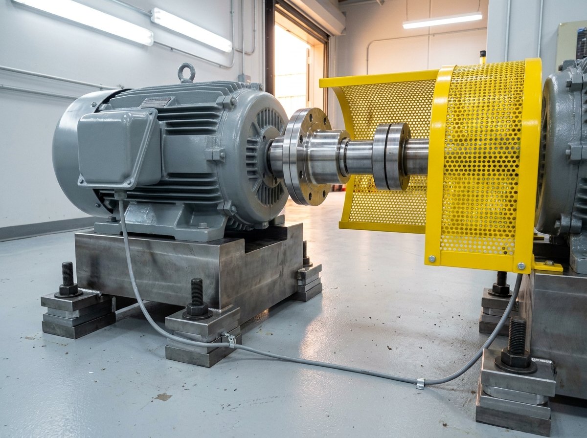 Illustrative of the class — close view of the drive end of a test rig in a clean cell: a large fresh-grey electric machine on a machined steel pedestal, a bright polished inline torque-measuring flange between the machine and a short guarded coupling shaft, a yellow perforated safety guard swung open beside the coupling, heavy hold-down bolts and machined shim packs at the pedestal feet, a thin instrumentation cable clipped along the base, no people and no readable markings