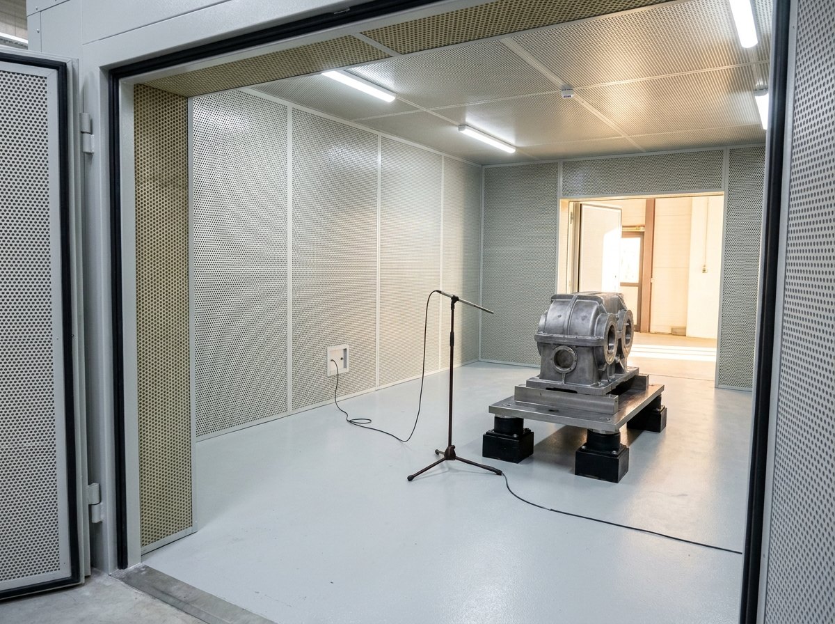 Illustrative of the class — interior of an acoustic test enclosure in a clean facility: walls and ceiling lined with pale perforated metal acoustic panels over mineral-wool absorber, a slim measurement microphone on a thin tripod stand aimed at a bare cast steel gear housing on a low machined fixture in the middle of the floor, a thin black cable running to a small connector plate on the wall, heavy anti-vibration isolation mounts under the fixture feet, a thick acoustic door with its sealing gasket visible at the edge of frame, no people and no readable markings