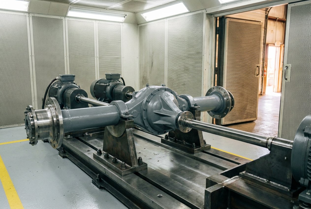 Illustrative of the class — a heavy vehicle axle assembly mounted on a test rig in a clean test cell: a large cast steel differential housing at the centre with a tubular axle beam running out each side to a machined hub flange, the assembly clamped on heavy fresh-grey steel fixture pedestals bolted to a machined bedplate, a large electric machine on a baseplate at each end coupled to the hub flanges through guarded shafts, tall perforated acoustic lining panels forming the cell walls behind, a thick hinged acoustic door standing open at one side, clean light floor with a yellow line, no people and no readable markings