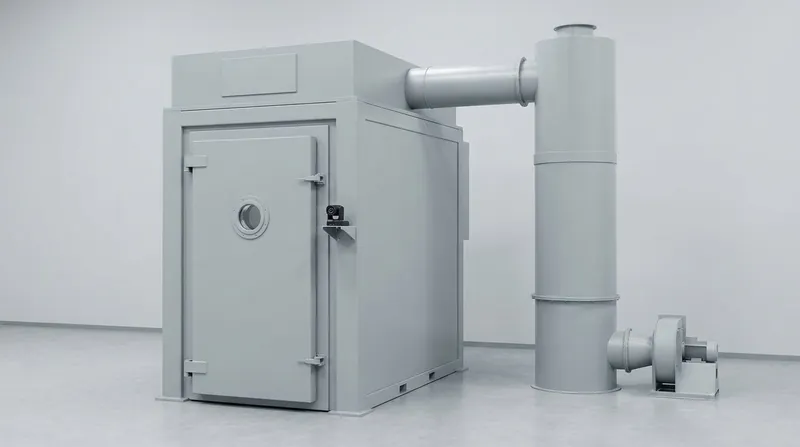 A battery abuse test chamber: a heavy sealed grey steel chamber with a closed door that has a small round window, a camera on a bracket beside it, a relief panel on its roof, and a duct leading to a tall grey scrubber tower and its fan, and no people