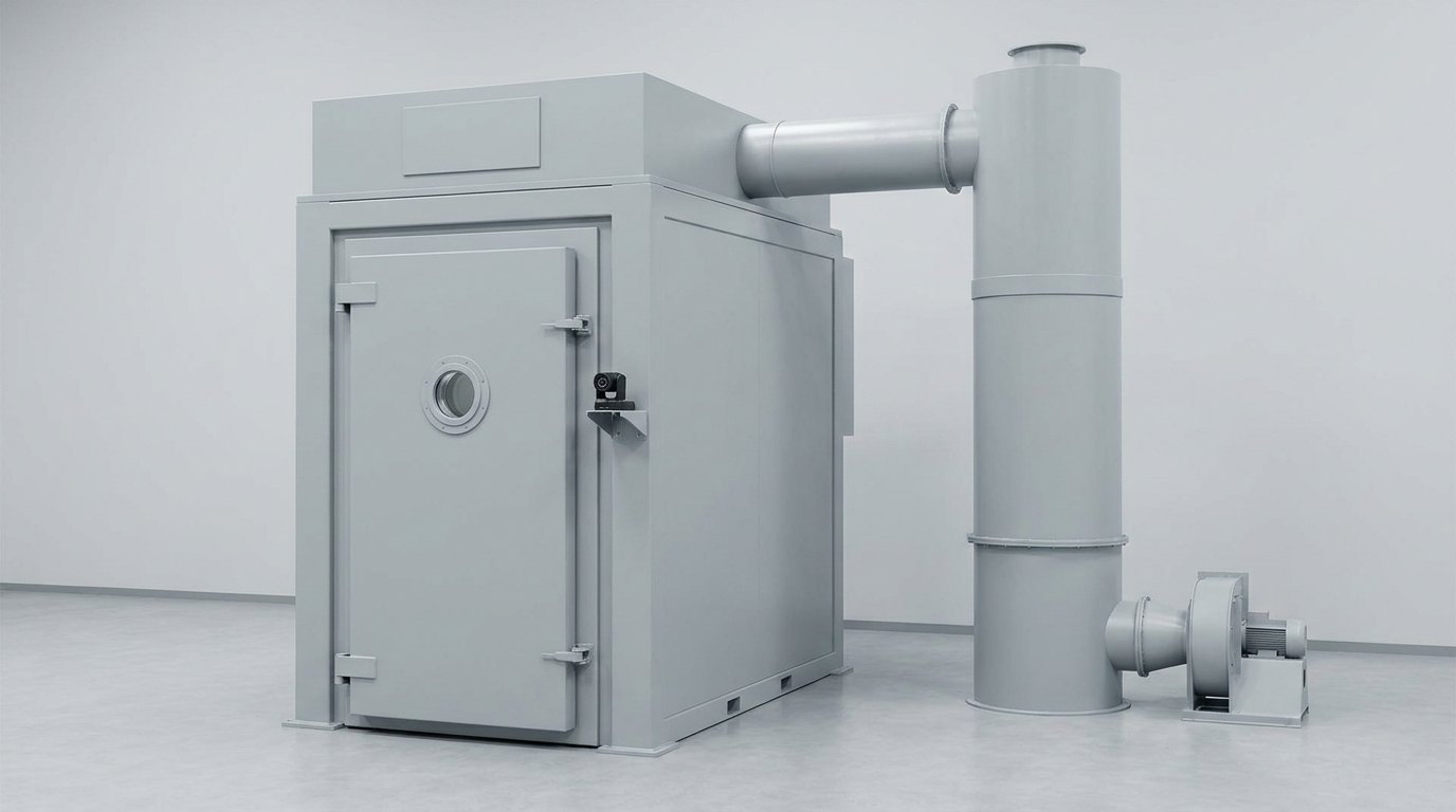 A battery abuse test chamber: a heavy sealed grey steel chamber with a closed door that has a small round window, a camera on a bracket beside it, a relief panel on its roof, and a duct leading to a tall grey scrubber tower and its fan, and no people
