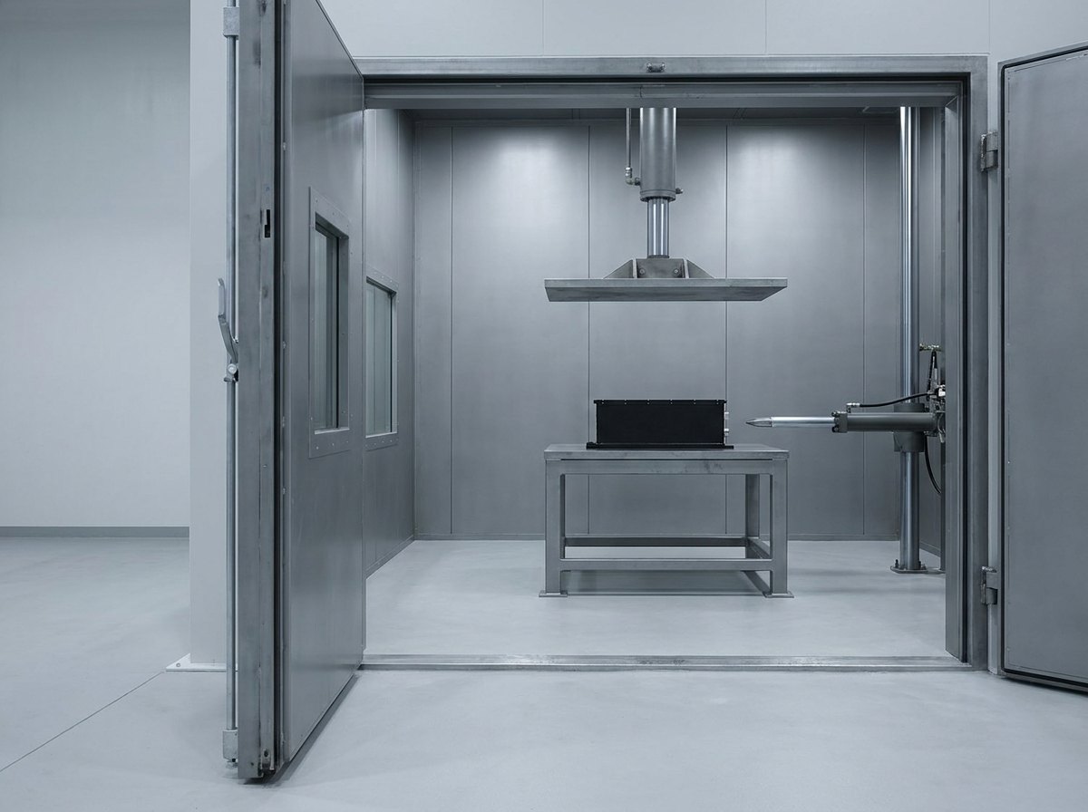 The inside of a walk-in test chamber seen through its open doors: a plain steel test table with an unmarked black battery module on it, a flat crush plate above it on an actuator, a pointed rod actuator at the side, and no people