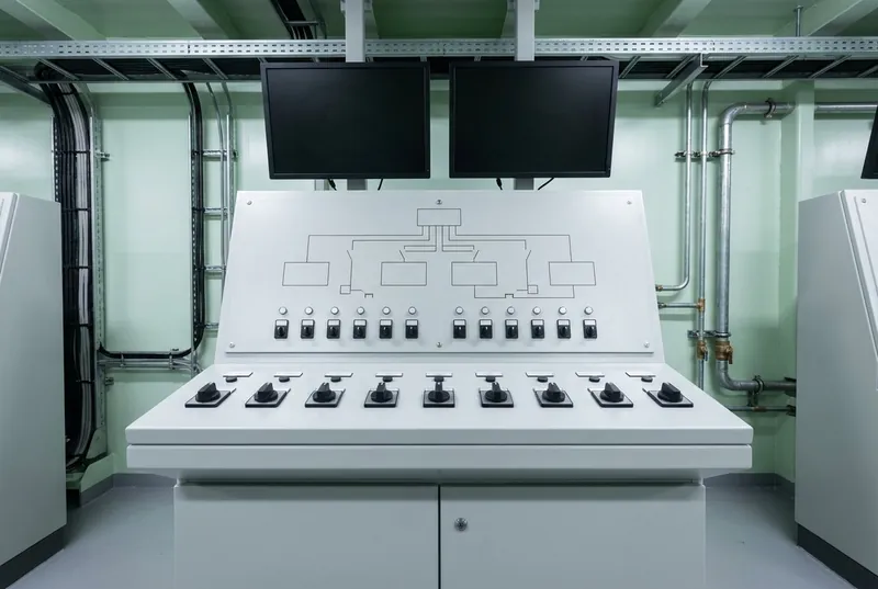 Illustrative of the class — a ballast control console in a newly fitted-out ship control room: a light-grey painted steel console at waist height with a sloped operating face, its upper panel carrying a large unlabelled mimic diagram of thin engraved lines and plain rectangles representing tanks with small round blank indicator lenses and blank rocker switches, a row of plain black rotary selector knobs along the sloped face, two dark switched-off screens above, plain pale-green bulkhead with tidy cable trunking behind, no people and no readable markings
