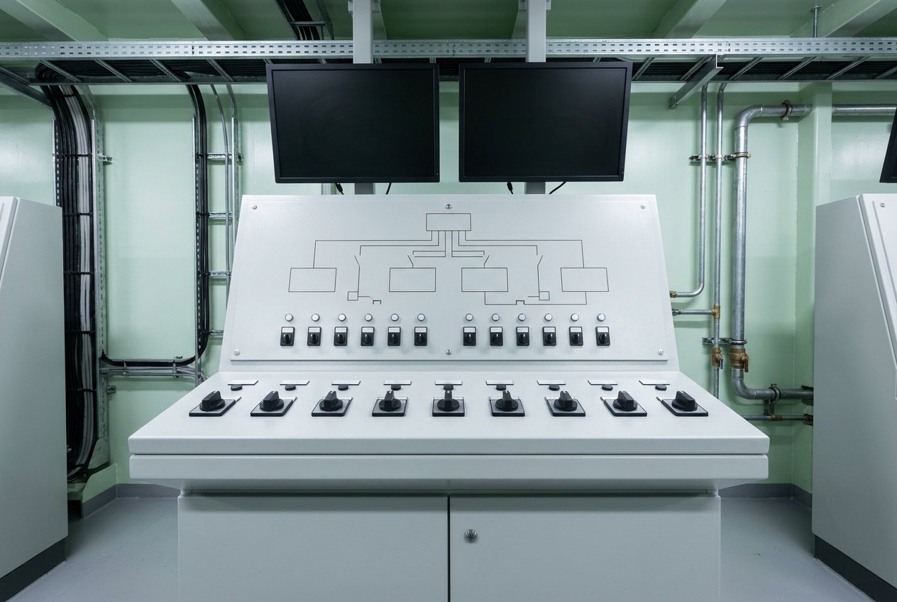 Illustrative of the class — a ballast control console in a newly fitted-out ship control room: a light-grey painted steel console at waist height with a sloped operating face, its upper panel carrying a large unlabelled mimic diagram of thin engraved lines and plain rectangles representing tanks with small round blank indicator lenses and blank rocker switches, a row of plain black rotary selector knobs along the sloped face, two dark switched-off screens above, plain pale-green bulkhead with tidy cable trunking behind, no people and no readable markings