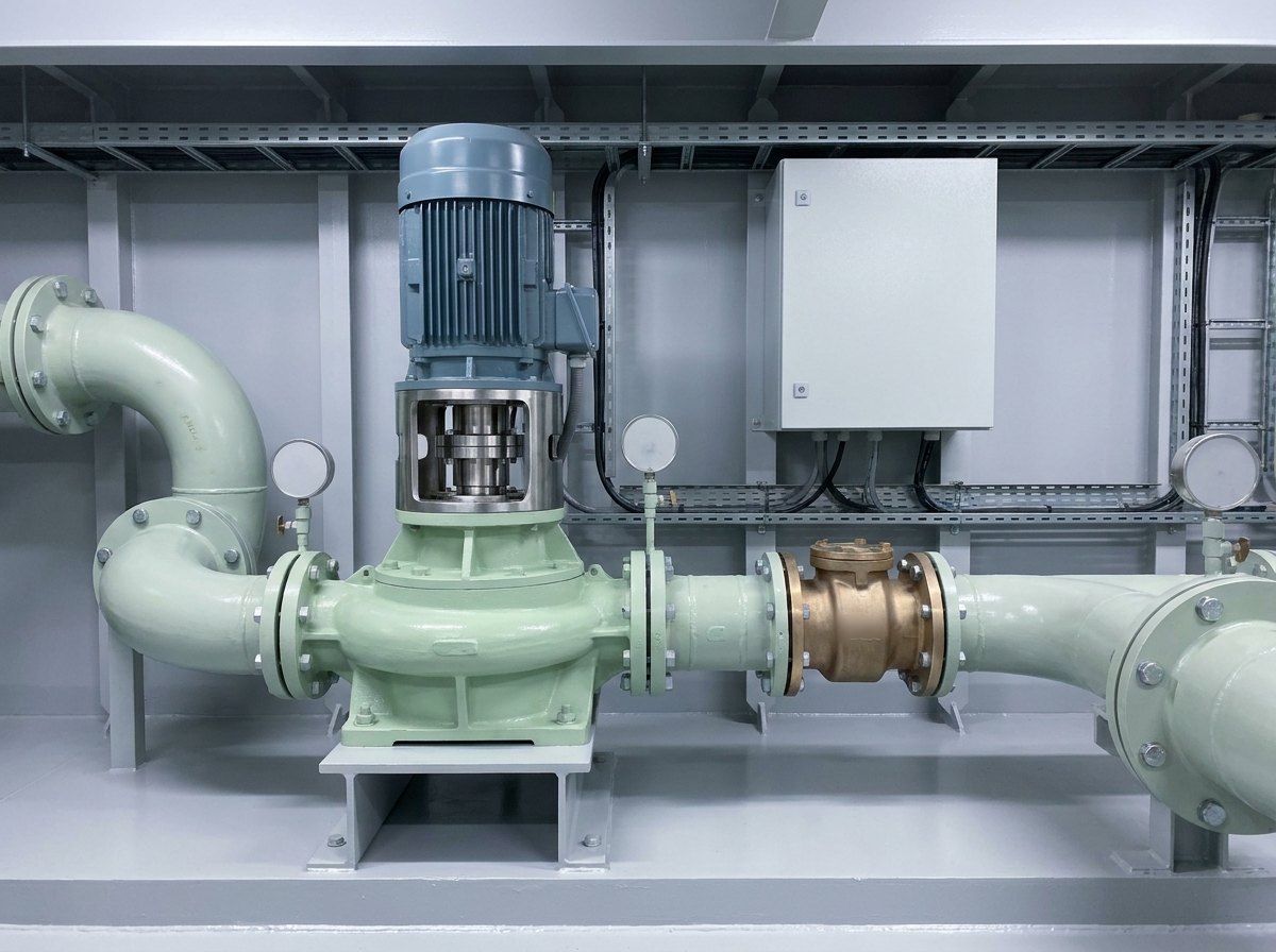 Illustrative of the class — a ballast pump set in a clean machinery space: a vertical centrifugal pump in pale-green marine paint on a light-grey painted steel seating welded to the deck, a blue-grey electric motor directly above on a machined stainless spacer coupling with an open guard, thick epoxy-coated suction and discharge pipework with large bolted flanges, a bare machined bronze non-return valve in the discharge line, blank unmarked pressure gauge bodies with faces turned away, and a plain light-grey local starter cabinet with blank panels on the bulkhead behind, no people and no readable markings