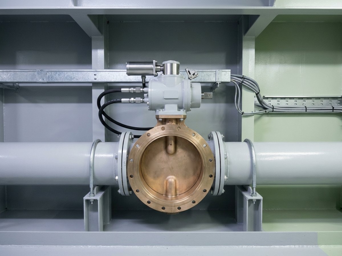 Illustrative of the class — a remote-actuated ballast valve on a pipe run in a machinery space: a large flanged butterfly valve in bare machined bronze set into a heavy epoxy-coated steel pipe, a compact light-grey painted hydraulic rotary actuator bolted to the top with a stainless position feedback unit and a mechanical position pointer beside it, two neat hydraulic hoses with stainless fittings, a square manual override shaft protruding from the actuator housing, galvanised pipe supports and painted steel structure behind, no people and no readable markings