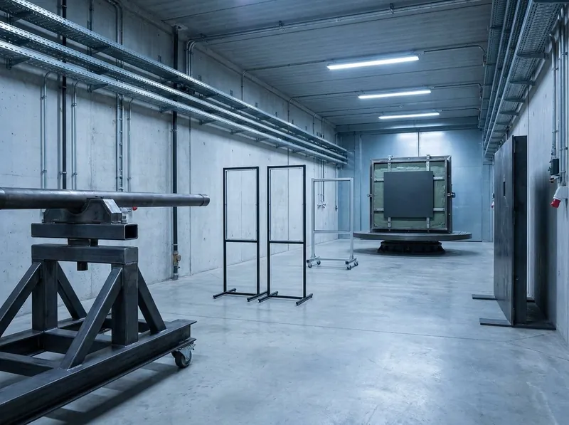 Representative render — an indoor ballistic evaluation range: a remote-fired firing rest on the left, two upright light-gate velocity screens and a yaw screen along the shot line, and a motorised circular target table carrying a clay backing-material fixture at the far end, inside an armoured test cell