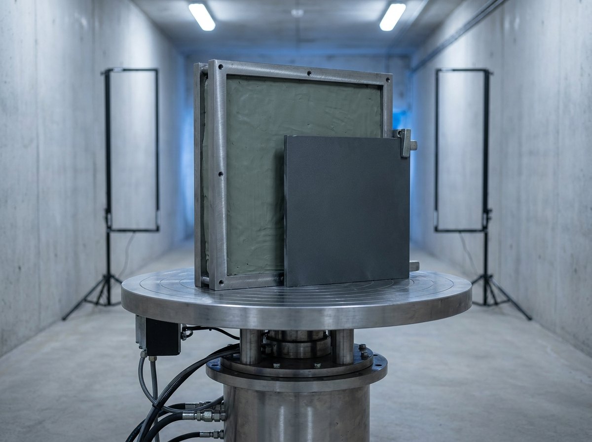 Representative render — the motorised circular target table carrying a 610 by 610 by 140 mm metallic backing-material fixture packed with oil-based clay, an armour panel clamped on the strike face, with the velocity screens visible down-range