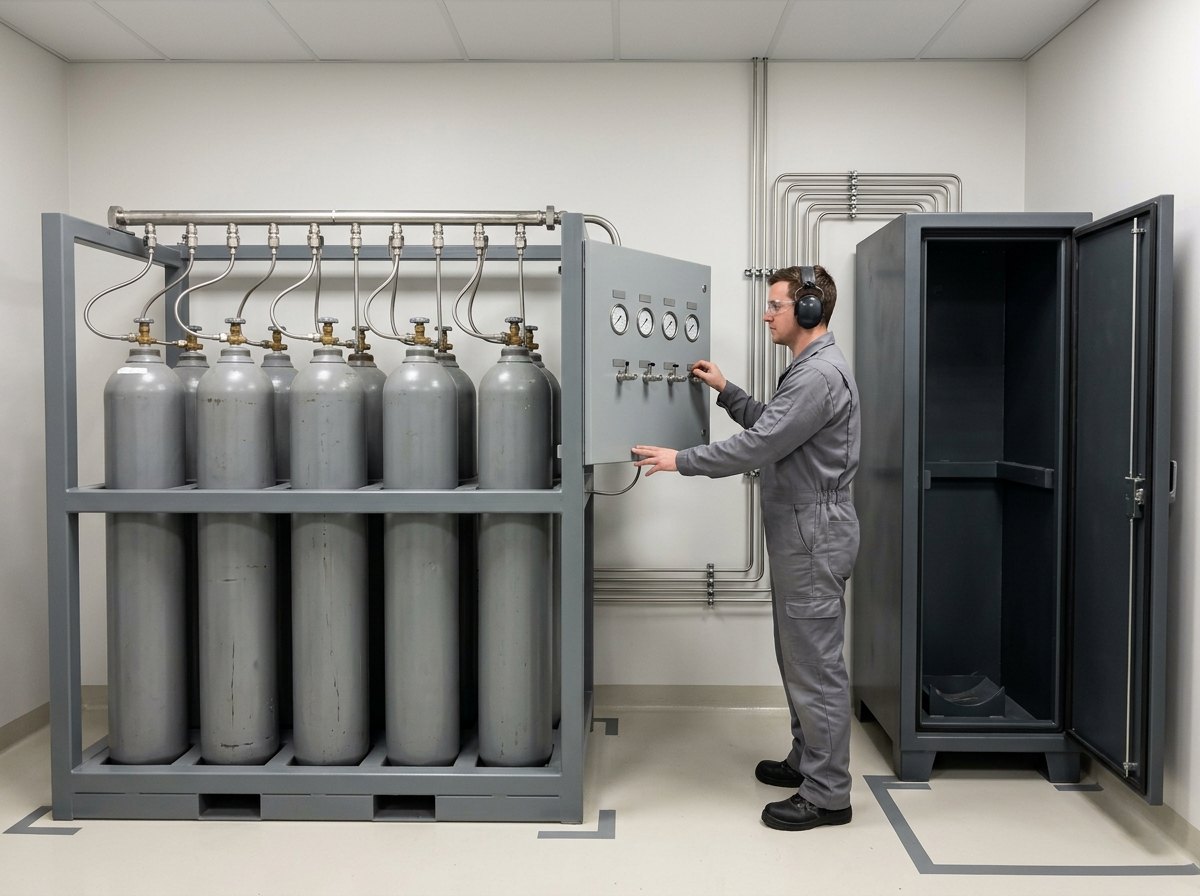 Illustrative of the class — a high-pressure cascade storage bank and filling station: twelve tall plain unmarked steel cylinders standing upright in two rows in a heavy mid-grey fabricated steel restraining frame, each connected at the neck by bright stainless high-pressure pigtails to a common manifold along the top, a plain grey fill control panel carrying plain-faced pressure gauges and a row of isolation valves, and a heavy steel containment fill cabinet with its thick hinged door standing open and an empty cylinder cradle inside, with a technician at the fill panel with one hand on a valve, no readable markings anywhere