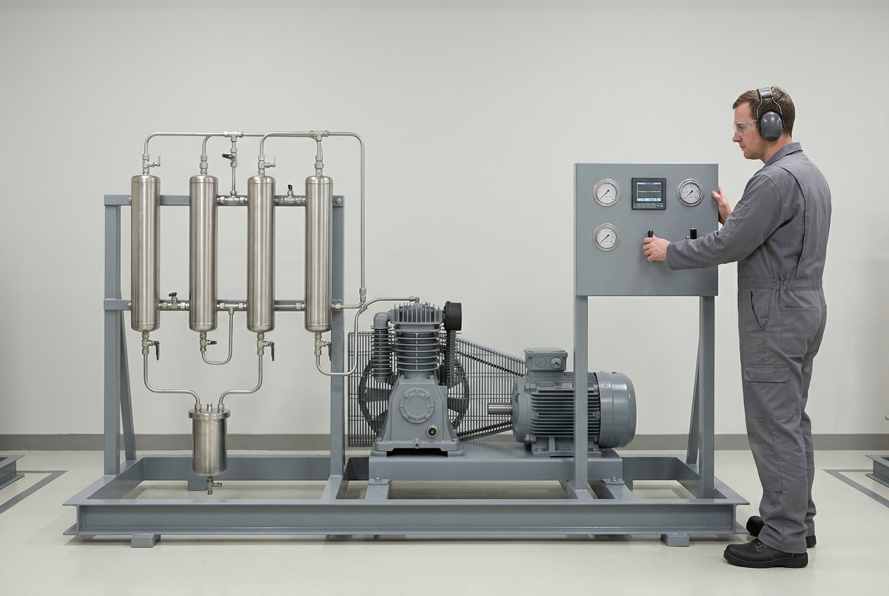 Illustrative of the class — a high-pressure breathing-air compressor package running in a plant room: a compact multi-stage reciprocating compressor with a large finned intercooler and belt guard driven by a grey electric motor on a mid-grey fabricated steel skid, four slim vertical stainless purification vessels linked in series by high-pressure tubing with isolation valves and a condensate drain running to a collection vessel, and a plain grey instrument panel with plain-faced pressure gauges and a small live display, with a technician at the panel, one hand on a valve handle, watching the gauges, no readable markings anywhere