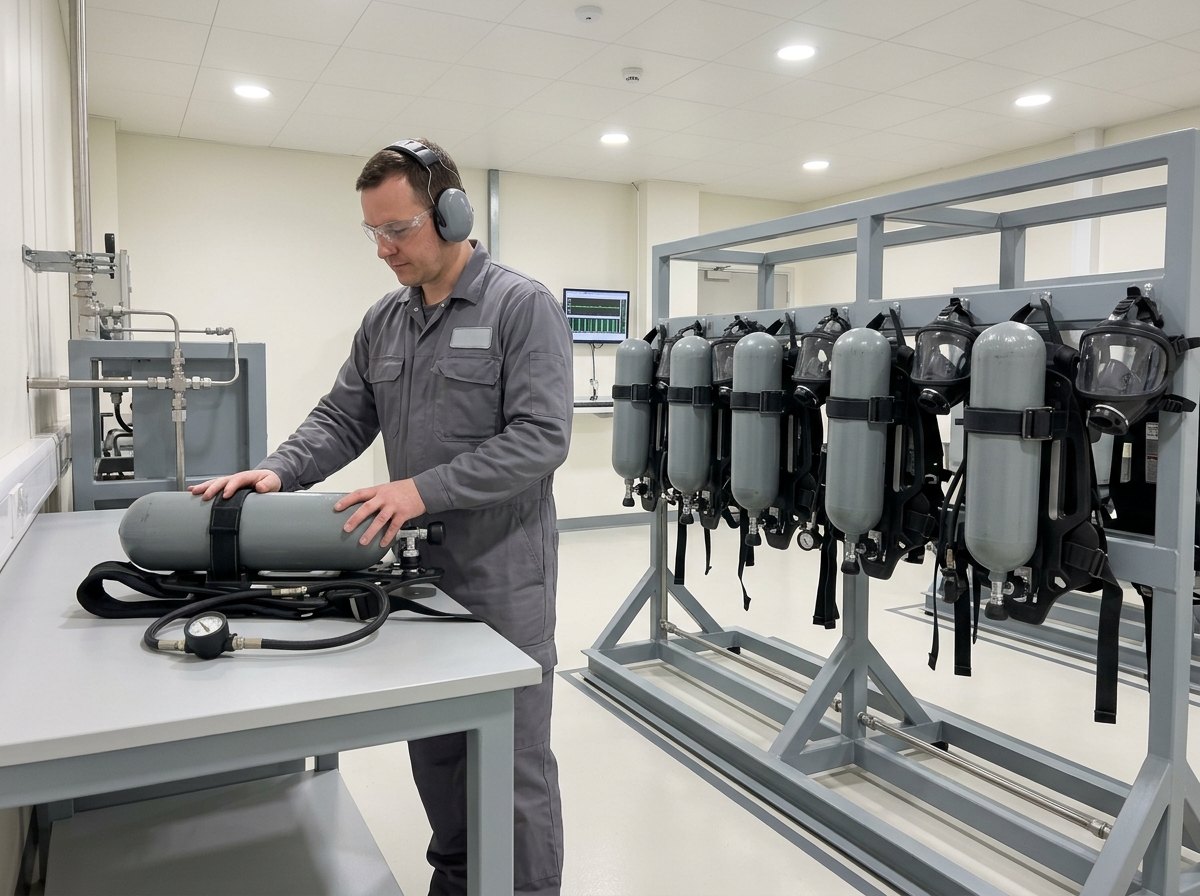 Illustrative of the class — a clean equipment room: a mid-grey fabricated steel rack holding six self-contained breathing sets side by side, each a plain unmarked matte-grey composite cylinder strapped to a moulded backplate with plain webbing harness straps, a short braided hose looping to a small plain regulator, and a clear full-face mask clipped to the frame beside each set rather than worn, with one further set laid flat on a light-grey workbench and a technician checking its harness with both hands, no readable markings anywhere