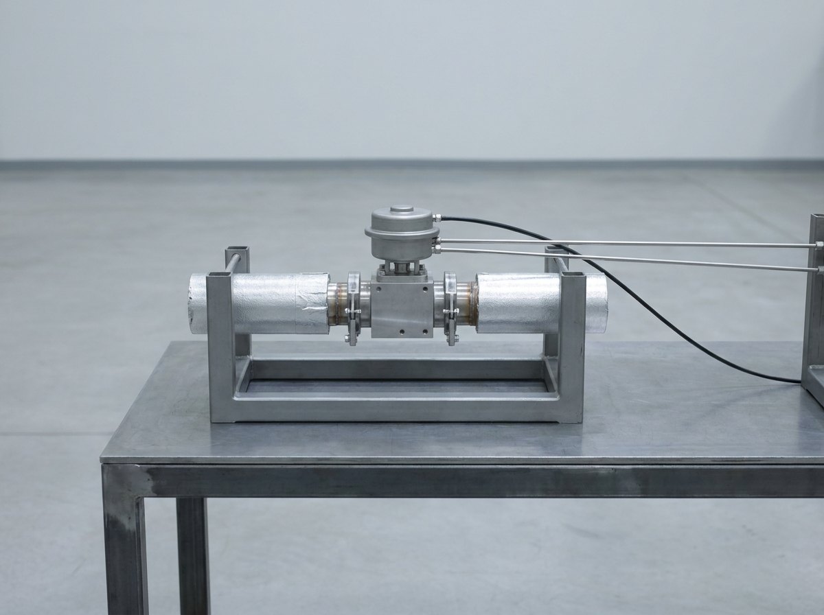 A metal valve with a round actuator clamped between two silver-insulated pipes in a grey steel cradle on a steel bench, with a thin cable and two thin stainless tubes leading away from it, and no people