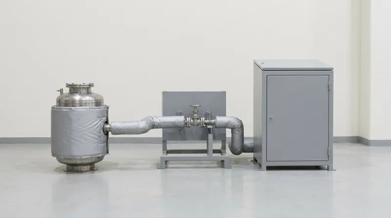 A hot-air valve test rig on a workshop floor: an upright stainless steel air heater wrapped in silver insulation, a valve in a grey steel test fixture joined to it by insulated pipes, and a plain grey instrument cabinet, and no people
