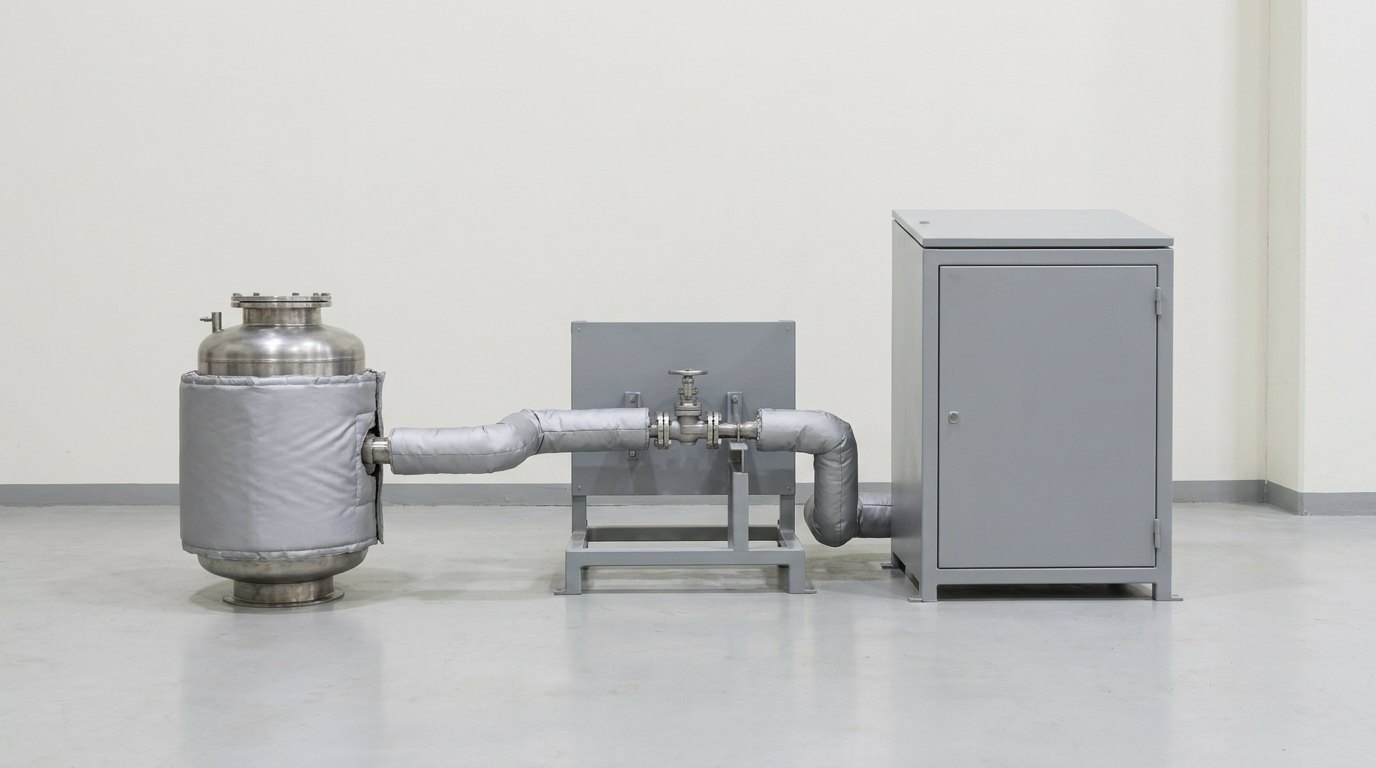 A hot-air valve test rig on a workshop floor: an upright stainless steel air heater wrapped in silver insulation, a valve in a grey steel test fixture joined to it by insulated pipes, and a plain grey instrument cabinet, and no people