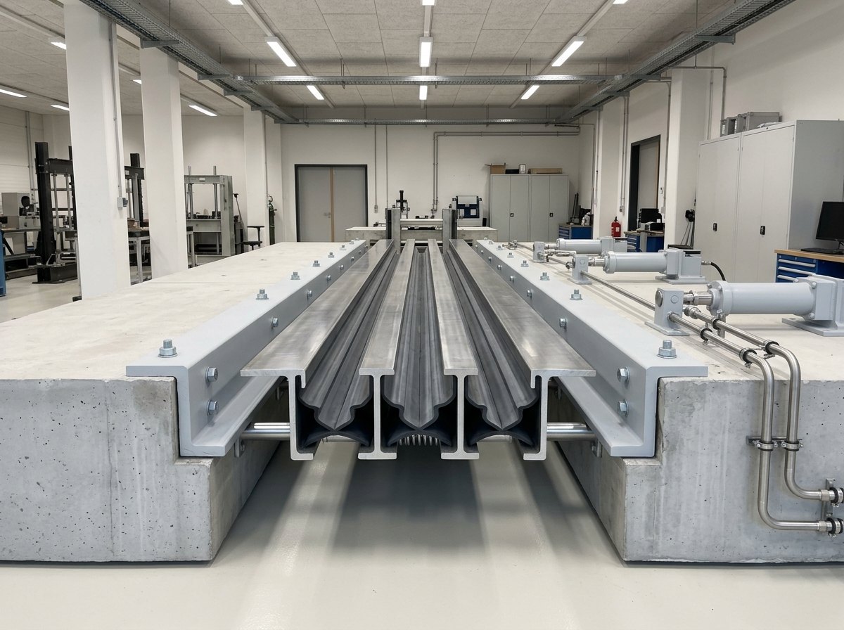 Illustrative of the class — close view looking along a full-size steel modular bridge expansion joint mounted between two grey concrete blocks in a laboratory: five parallel bare mill-finish steel centre beams running across the gap with dark grey rubber sealing elements folded between them, steel edge profiles cast into the concrete on both sides, bright machined support bars visible in the recess below the beams and clean unmarked steel surfaces catching the light, no people, nothing running and no readable markings