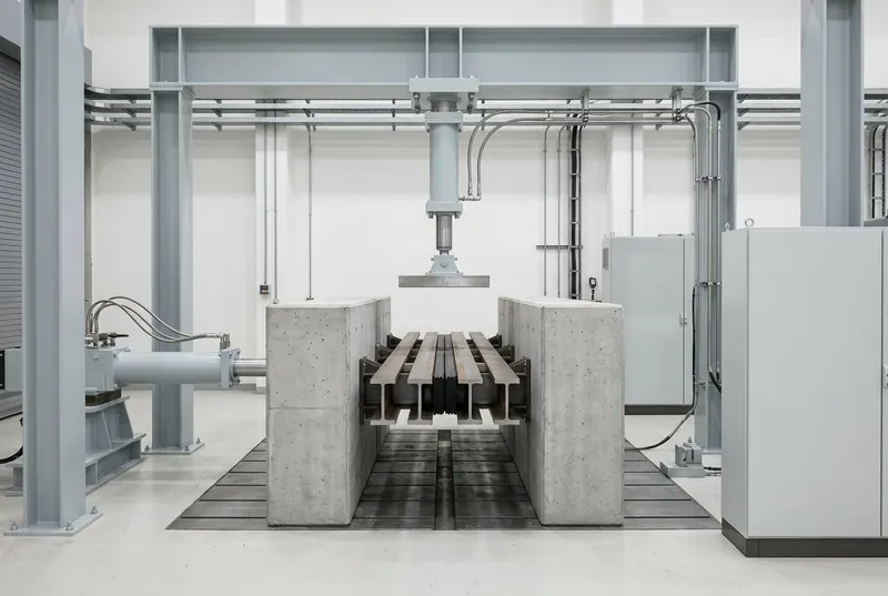 Illustrative of the class — a bridge expansion joint test facility in a laboratory: two large rectangular grey concrete test blocks on a machined steel strong floor with a narrow gap between them, spanned by a full-size steel modular expansion joint with parallel bare steel beams and dark rubber seals; a long horizontal hydraulic actuator pushes one block sideways to open and close the gap, a short vertical actuator hangs from a heavy light-grey painted portal frame pressing down through a flat machined steel loading pad, stainless hydraulic lines run to both and a plain control cabinet with blank panels stands to one side, no people, nothing running and no readable markings