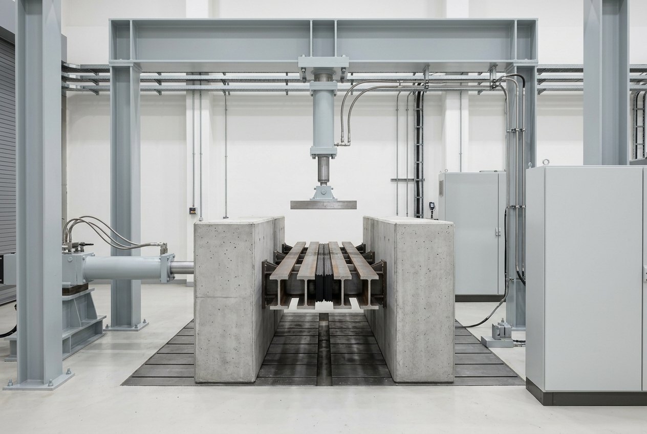 Illustrative of the class — a bridge expansion joint test facility in a laboratory: two large rectangular grey concrete test blocks on a machined steel strong floor with a narrow gap between them, spanned by a full-size steel modular expansion joint with parallel bare steel beams and dark rubber seals; a long horizontal hydraulic actuator pushes one block sideways to open and close the gap, a short vertical actuator hangs from a heavy light-grey painted portal frame pressing down through a flat machined steel loading pad, stainless hydraulic lines run to both and a plain control cabinet with blank panels stands to one side, no people, nothing running and no readable markings