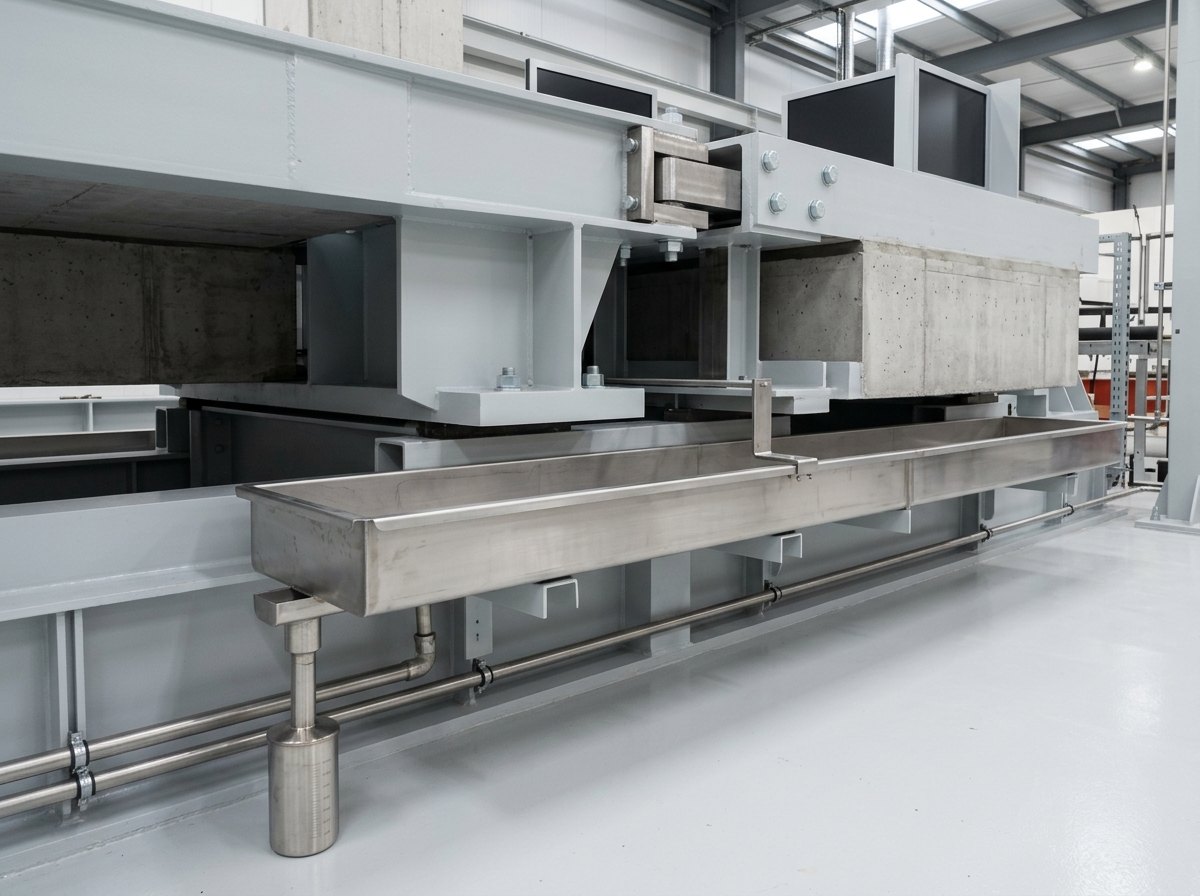 Illustrative of the class — close view underneath a bridge expansion joint test specimen in a laboratory: a long shallow stainless steel collection trough running the full width directly beneath the joint gap, completely dry and empty with a clean brushed finish, sloped to one end where a plain stainless drain fitting leads to a small graduated stainless collection vessel on the floor, the underside of the steel joint and grey concrete block faces visible above and a slim stainless sensor bracket on the trough edge, no people, nothing running and no readable markings