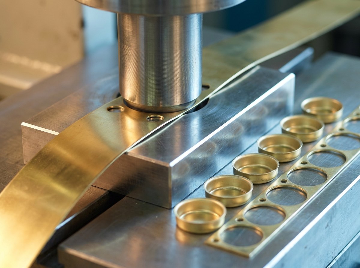 Representative render — the die station of a double-action press: a wide gold-brass gilding-metal strip across a polished tool-steel die, a cylindrical blank-and-draw punch, and a row of tiny plain empty gold cups beside the pierced scrap strip