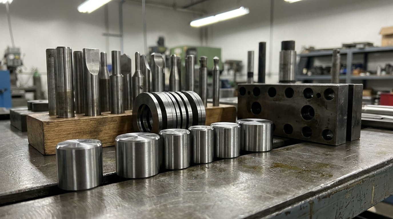 Illustrative render — precision press tooling on a steel bench: polished carbide dies, hardened cutting and drawing punches of varying diameters standing upright, flat circular stripper rings and a heavy steel tool block with multiple precision bores
