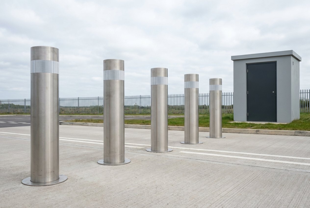 Illustrative of the class — a row of five tall cylindrical brushed stainless steel rising bollards standing fully raised in a straight line across a completely empty two-lane site entrance road, each with a broad horizontal reflective band near its top and a low circular stainless collar plate flush with the road surface at its base, evenly spaced, a plain grey control cabinet with a blank dark door on the verge to one side, fresh white road markings on clean brushed concrete and low boundary fencing behind, no vehicles, no people and no readable markings