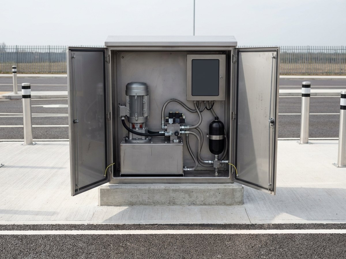 Illustrative of the class — a compact weatherproof equipment cabinet on a low concrete plinth with its hinged door standing open, revealing a hydraulic power pack inside: a vertical electric motor on a rectangular steel reservoir tank, a compact manifold block with several solenoid valves, bright braided hydraulic hoses running in tidy parallel runs to bulkhead fittings at the base, a small pressure accumulator cylinder clamped to the frame, and a plain grey control panel with a blank dark face mounted inside the door, no vehicles, no people and no readable markings