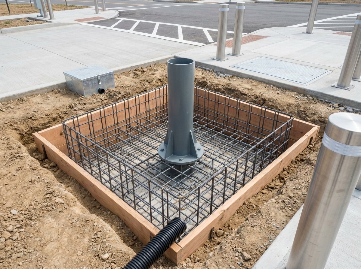 Illustrative of the class — a rectangular reinforced concrete foundation pit open at a site entrance during installation: a dense orthogonal cage of bright steel reinforcing bar filling the excavation, a heavy cylindrical steel bollard sleeve standing vertically in the centre of the cage with a flanged base plate and welded stiffening gussets, clean timber formwork lining the pit walls, a black corrugated drainage pipe entering low at one corner and finished bollards visible on the completed roadway beyond, no vehicles, no people and no readable markings