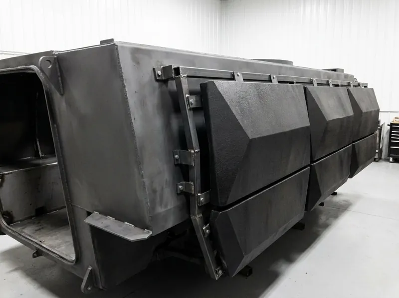 Illustrative image, not a delivered installation — modular ballistic armour panels in a bolt-on steel frame mounted to the flank of a generic protected vehicle hull in a clean fabrication bay, matte and unmarked, no text and no people