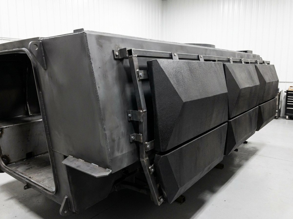 Illustrative image, not a delivered installation — modular ballistic armour panels in a bolt-on steel frame mounted to the flank of a generic protected vehicle hull in a clean fabrication bay, matte and unmarked, no text and no people