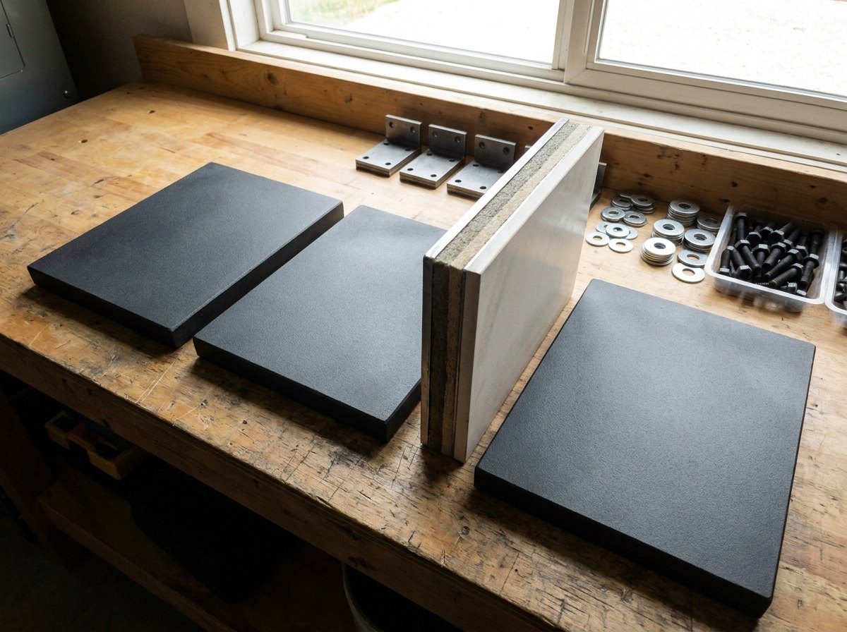 Illustrative image, not a delivered installation — a set of modular ballistic appliqué armour panels laid on a bench with mounting frames and hardware, the layered strike-face and composite backing visible at the edge, plain and unmarked, no text and no people