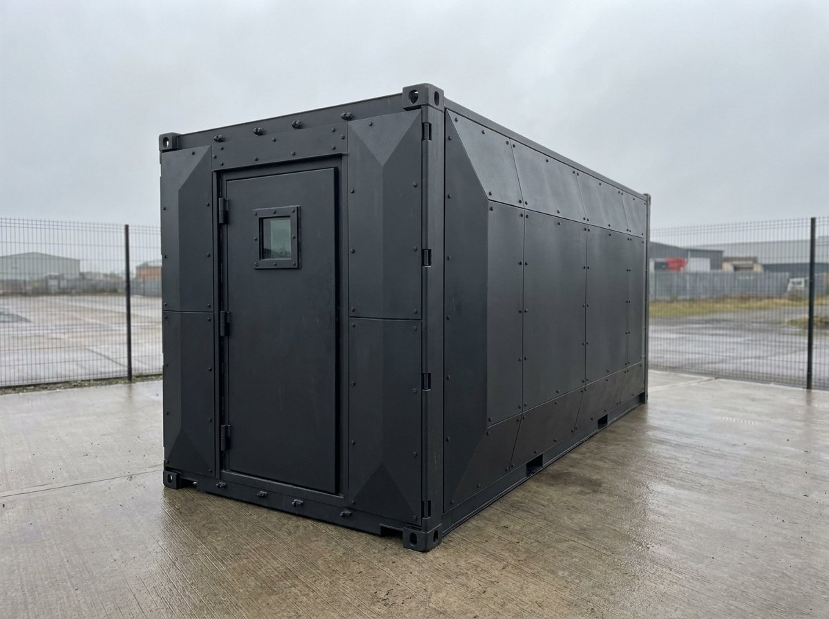 Illustrative image, not a delivered installation — an armoured ISO container / protected shelter with matte faceted ballistic cladding, closed, in a clean yard, plain and unmarked, no insignia, no camouflage, no text and no people