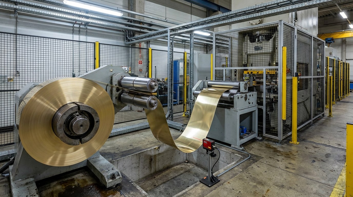 Illustrative render — a strip feed line: bright brass strip unwinding from a large coil on a powered de-coiler, passing through a straightening unit with banks of polished rollers, hanging in a controlled slack loop over a pit with a laser sensor aimed at it, then running through a servo roller feed into a guarded press infeed