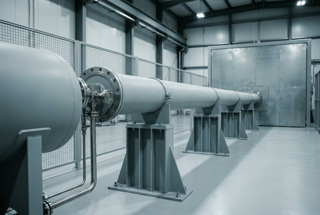 Illustrative image, not a delivered facility — a bird-strike test facility hall: a long pale-grey steel launch tube on heavy stands running toward an enclosed target chamber, with a high-pressure air reservoir and valve section at the near end, neat pipework and a protective barrier, no text and no people