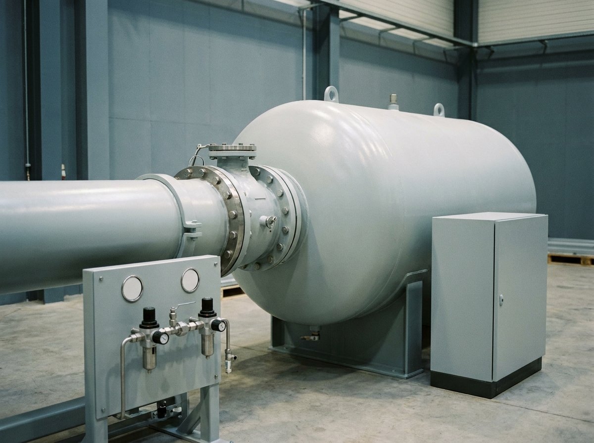 Illustrative image, not a delivered facility — the pneumatic end of a bird-strike rig: a high-pressure air reservoir vessel with its quick-opening valve section flanged to the launch tube, a small valve train with regulators and blank gauges, and a compact control cabinet on a painted frame, no text and no people