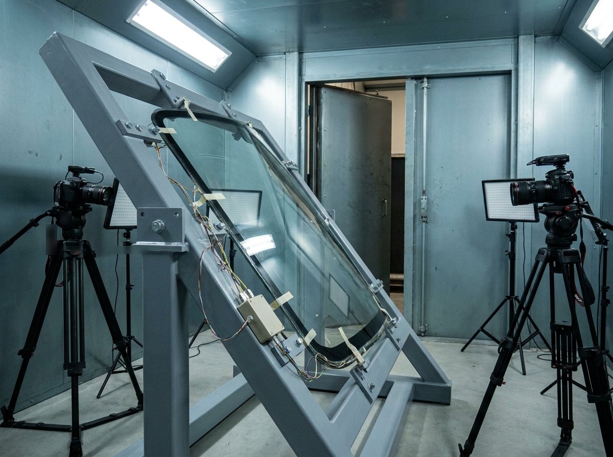 Illustrative image, not a delivered facility — the target end of a bird-strike rig: a curved transparent aircraft windshield panel clamped at an angle in a heavy steel fixture frame with fine instrumentation wiring, two high-speed cameras on tripods and flat panel lights aimed at it inside a sheet-steel containment enclosure, no text and no people