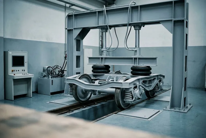Illustrative image, not a delivered rig — a bogie testing unit in a depot bay: a heavy grey portal frame straddling a short rail track with a generic unmarked rail bogie beneath, vertical hydraulic cylinders pressing a loading beam onto the bogie bolster, weigh pads under each wheel and a control cabinet beside, no text and no people