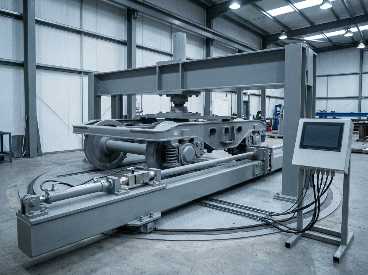 Illustrative image, not a delivered rig — a bogie rotational-resistance test rig: a generic unmarked rail bogie on a low slewing platform beneath a loading frame, a horizontal torque arm and actuator at the side, instrument cables running to a console with a blank screen, no text and no people