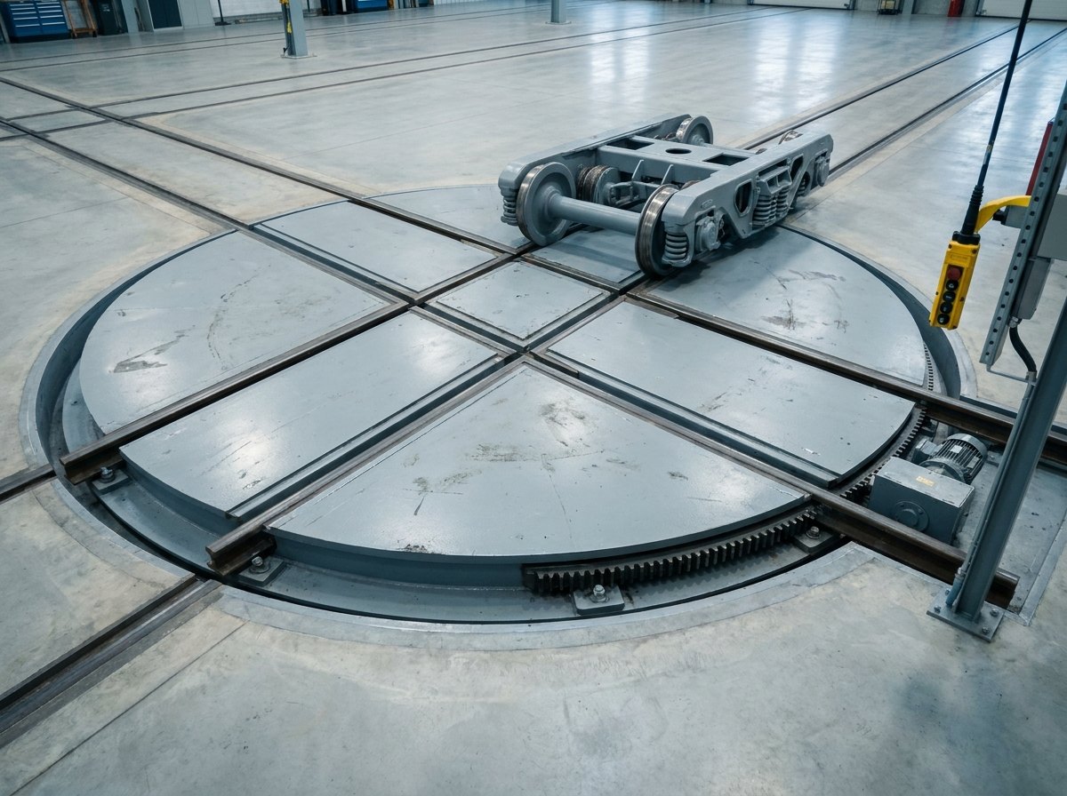 Illustrative image, not a delivered installation — a flush floor bogie turntable in a workshop: a circular steel deck with two crossing rail tracks set into a smooth concrete floor, a generic grey rail bogie parked on it, the geared slew ring visible at the deck edge and a pendant control station, no text and no people