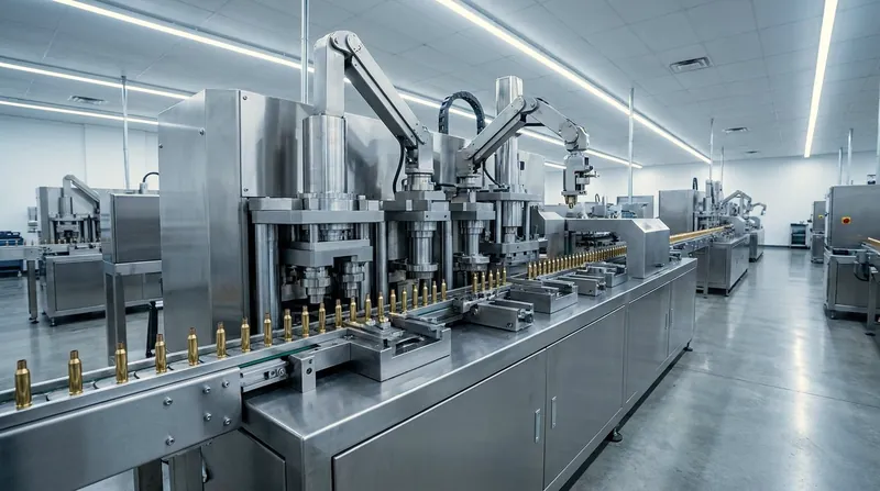 Multi-station metal-forming transfer press line producing brass cartridge cases in a clean factory