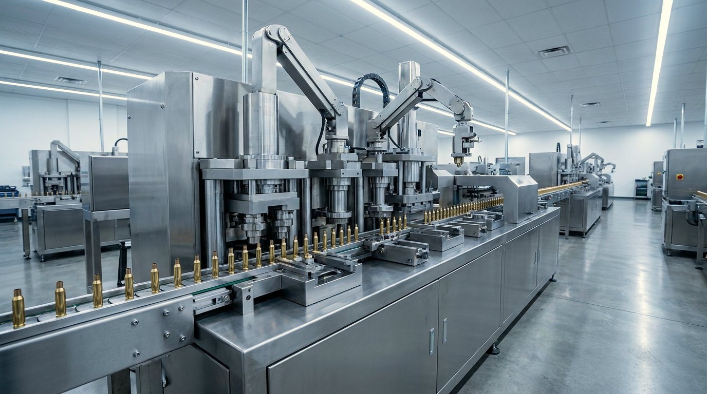 Multi-station metal-forming transfer press line producing brass cartridge cases in a clean factory